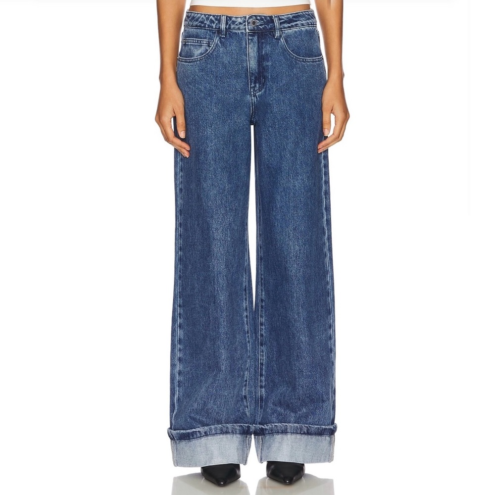 WEWOREWHAT Cuff Straight Leg Jean Denim in Mid Dark Light Size 26 NWT